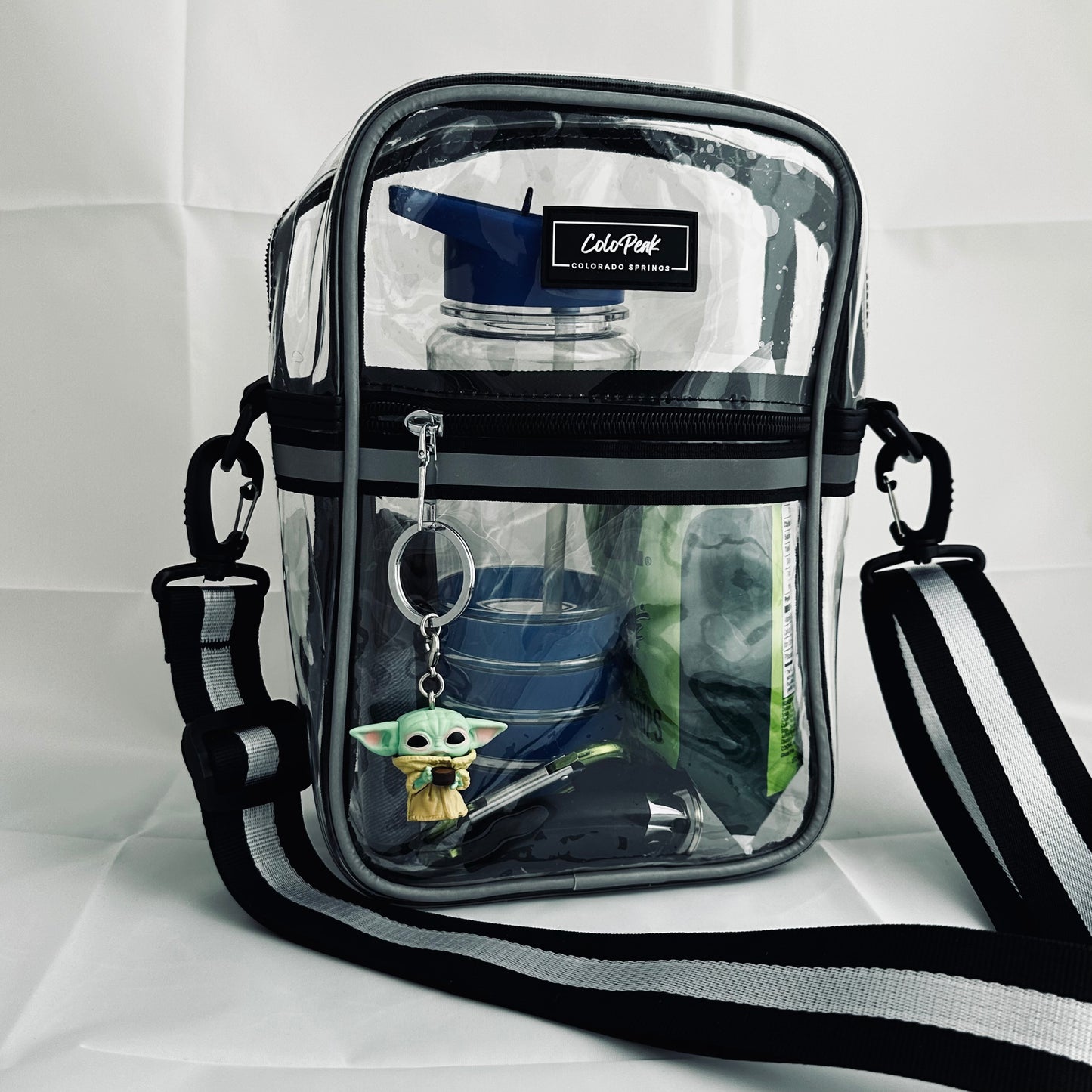 ColoPeak Amazonian 1.0 Reflective Crossbody Bag, Clear Stadium Bag with Blabk/Silver Strap