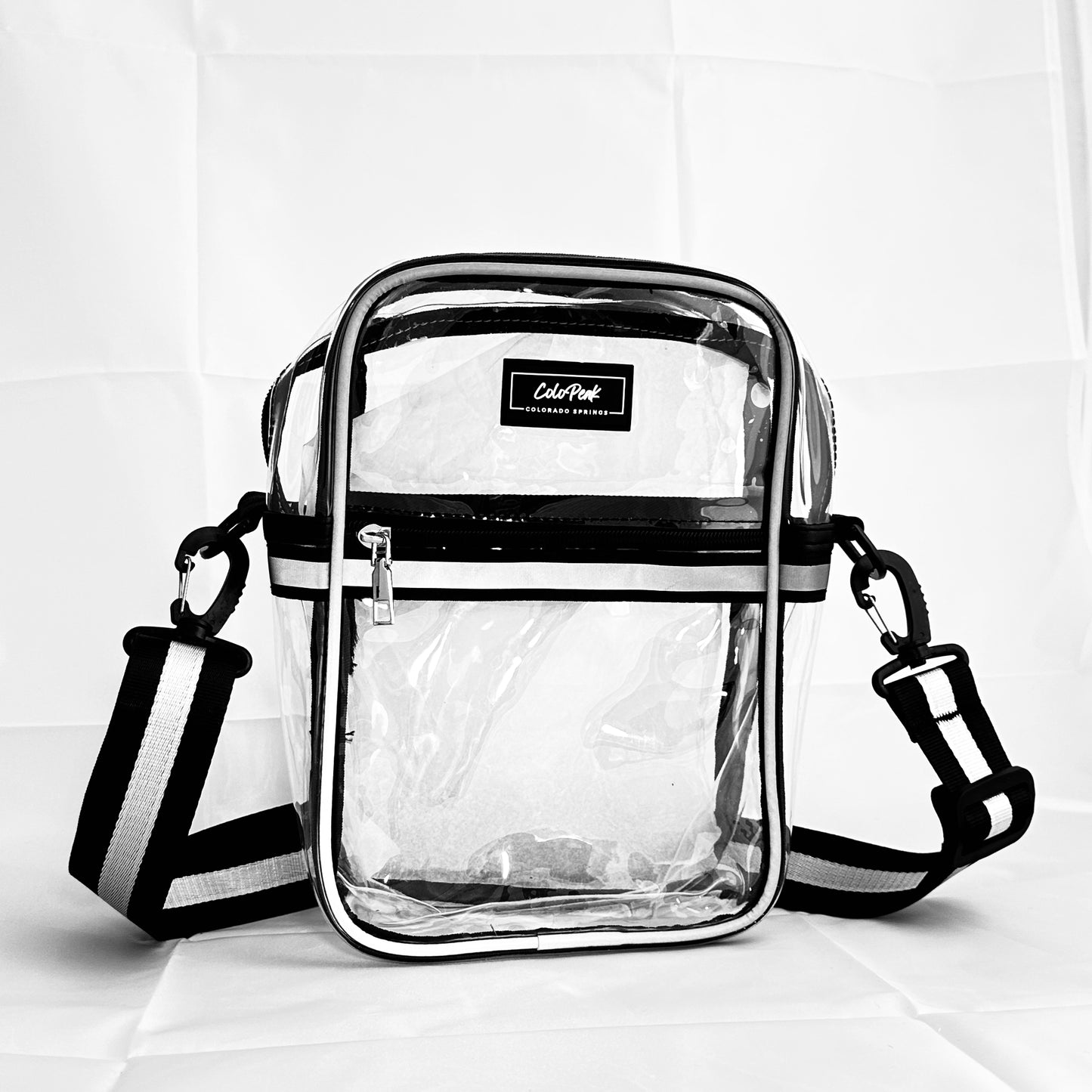 ColoPeak Amazonian 1.0 Reflective Crossbody Bag, Clear Stadium Bag with Blabk/Silver Strap