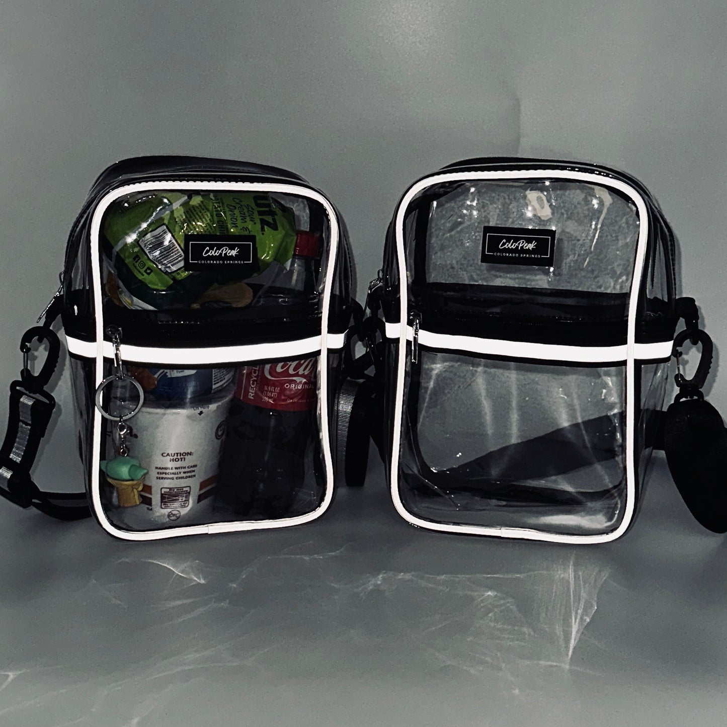 ColoPeak Amazonian 1.0 Reflective Crossbody Bag, Clear Stadium Bag with Blabk/Silver Strap