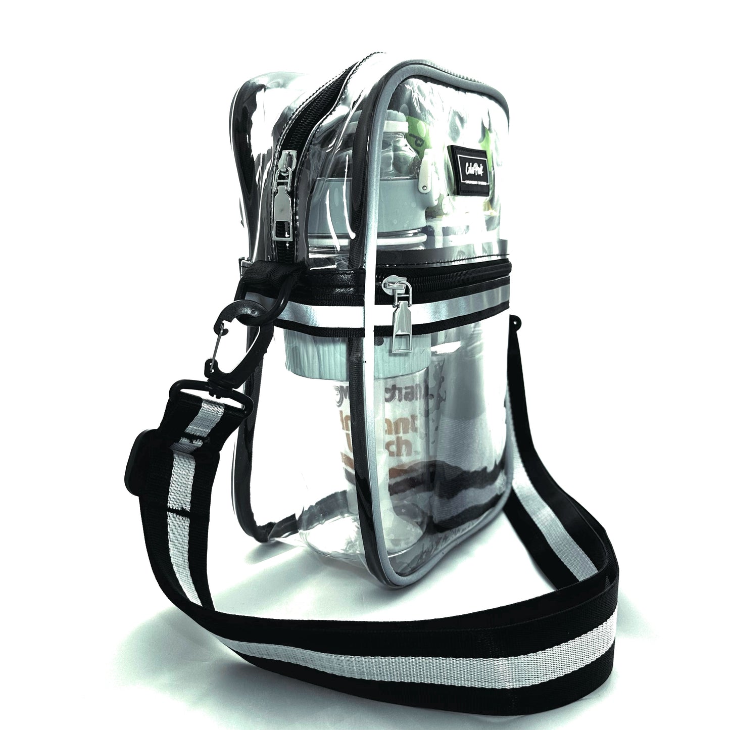 ColoPeak Amazonian 1.0 Reflective Crossbody Bag, Clear Stadium Bag with Blabk/Silver Strap