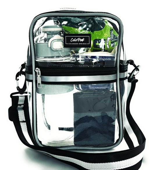 ColoPeak Amazonian 1.0 Reflective Crossbody Bag, Clear Stadium Bag with Blabk/Silver Strap